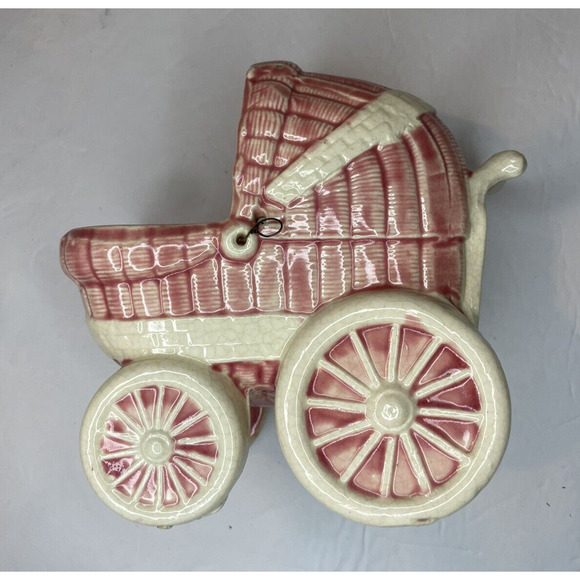 planter baby carriage pink Midcentury american pottery boho USA made small vtg - Picture 12 of 13